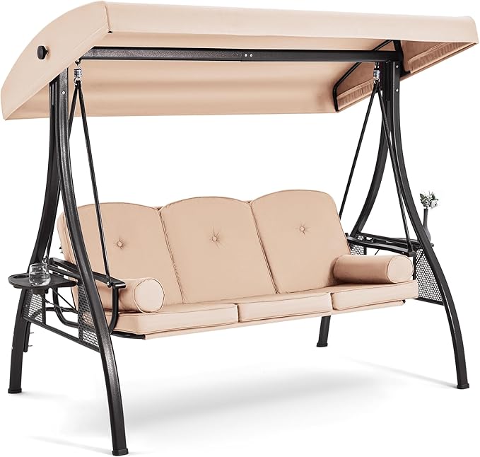 HOMREST 3 Seat Outdoor Porch Swing with 1.5" Deepened Cup Holder, Adjustable Canopy, Patio Swing Bed with Stand, Patio Glider Swing with Thicken Cushions, Pillow for Yard, Garden(Khaki)