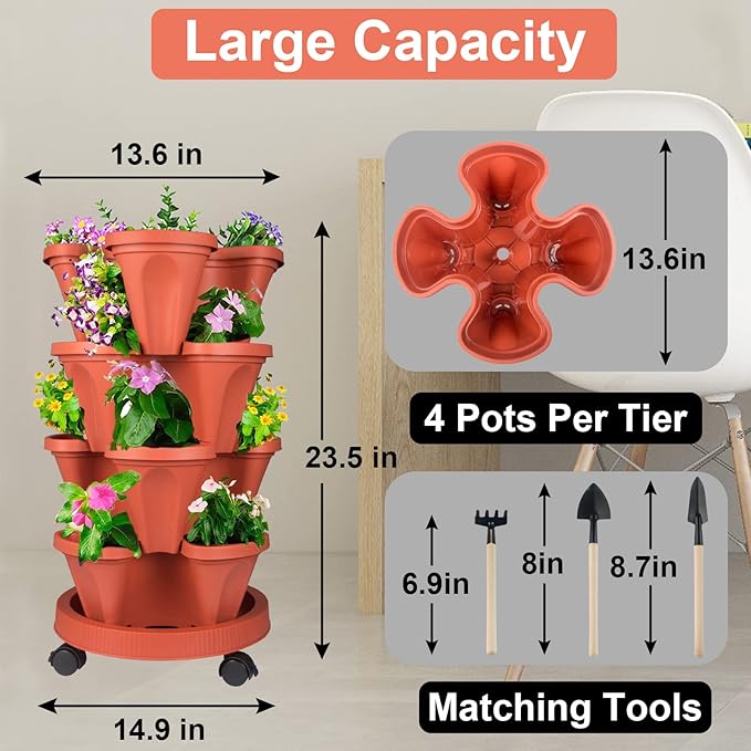 DUNCHATY Stackable Planters 4 Tier Vertical Garden Planting Tower Planters Strawberry, Herb, Flower, and Vegetable Planter Indoor Outdoor Gardening Pots with Removable Wheels and Tools