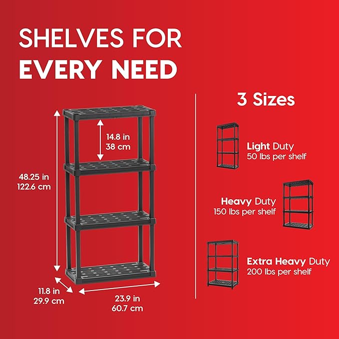 IRIS USA 4-Shelf Light Duty Plastic Storage Shelves, 200lb Capacity, 48" H x 24" W x 12" D, Medium Modular Shelving Unit Storage Organizer for Bathroom, Laundry, Garage & Home, Storage Rack - Black