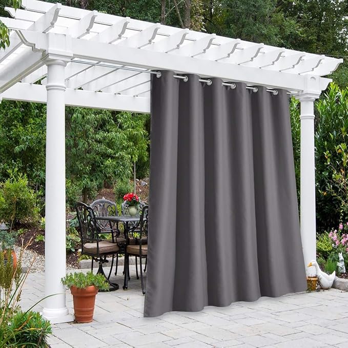 NICETOWN Patio Door Grey Curtains Waterproof 95 inch Length, 84 inch Wide, Thermal Insulated Rustproof Ring Top Blackout Sunlight Reducing Outdoor Indoor Window Drapes for Porch, Sold by Individual