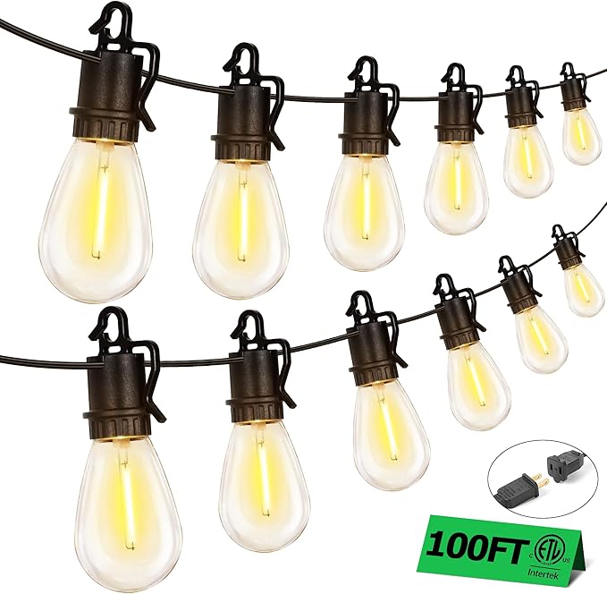 100FT Outdoor String Lights with 35 Shatterproof Patio Deals S14 Vintage Edison Bulbs E12 Sockets,2700K Dimmable Outdoor Lights,IP55 Waterproof LED String Lights for Outside, Patio Lights