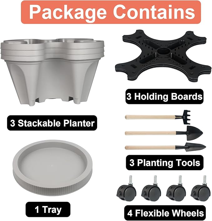 GameXcel Vertical Planter 3 Tier Stackable Planters Garden Planters Strawberry Herb Flower and Vegetable Planter Indoor Outdoor Gardening Pots with Removable Wheels and Tools