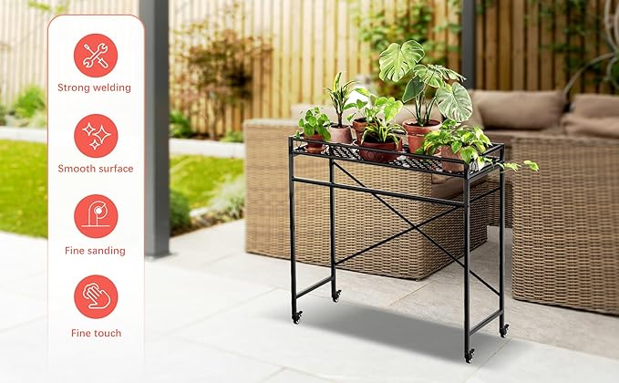 Zhongma 1 Tier Sturdy Metal Plant Stand with Wheels, 40.5x16x40.4 in High, Heavy Duty Succulent Shelf for Home Indoor and Outdoor, 220 LBS Capacity & Heavy Duty Construction