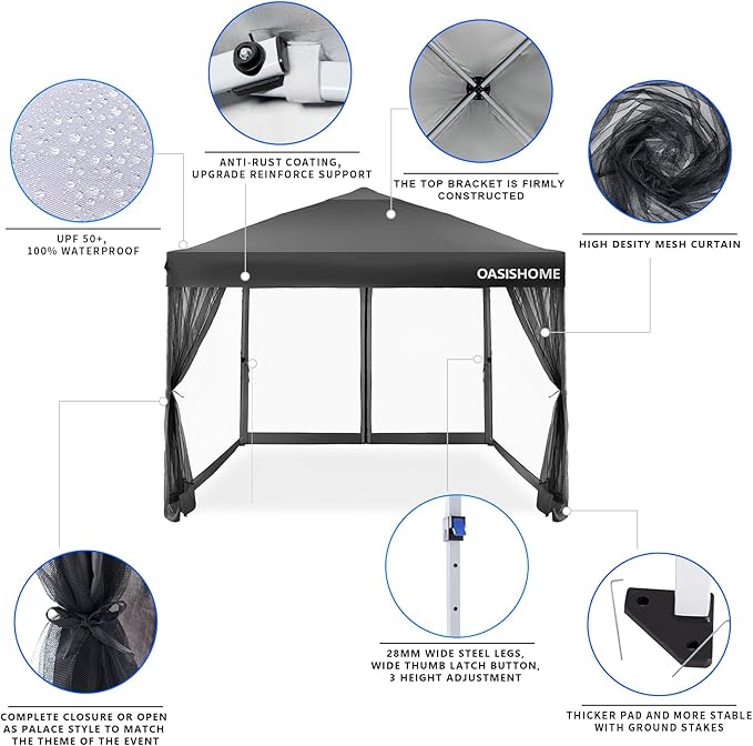 OASISHOME 10'x10' Pop-Up Gazebo Canopy Tent with Netting Sidewalls & Wheeled Bag,Weight Bag, Stakes, Ropes, Waterproof, UV Protection, Heavy-Duty Steel Frame for Backyard/Outdoor/Parties(Black)