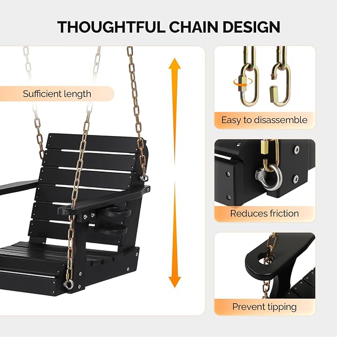 VINGLI Heavy Duty 880 LBS HDPE Porch Swing Outdoor with Rotatable Cup Holder, with Adjustable Chains, 1 Person Hanging Porch Swing Chair for Porch, Yard, Tree, Garden - Black