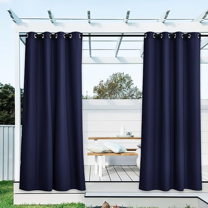 NICETOWN Outdoor Curtains for Patio Waterproof Extra Long W55 x L108 Inch, Thermal Insulated Stainless Steel Grommet Privacy Vertical Drapes for Porch/Yard, Set of 2, Navy Blue