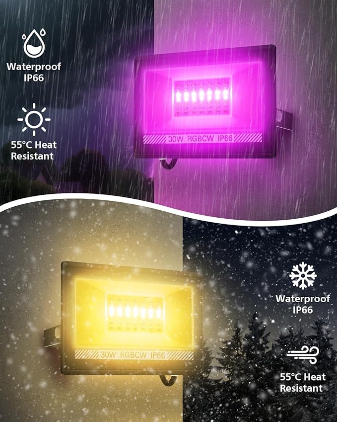 T-SUN Christmas LED Flood Light, 30W RGBCW Dimmable Outdoor Smart Lights, Color Changing LED Light with Remote & APP Control Waterproof Up Lights, Music Sync Stage Spot Light for House, Party (4 Pack)