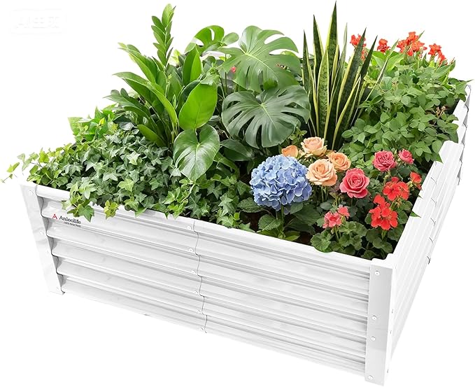 A ANLEOLIFE 4X4X1.5 ft Galvanized Raised Garden Beds Outdoor, Square Metal Planter Box for Planting Vegetables Flowers Herb, Anti-Rust & Easy-Setup, Antique White
