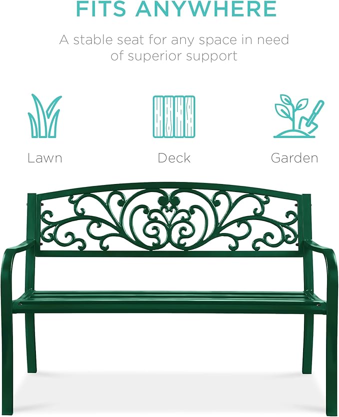 Best Choice Products Outdoor Bench Steel Garden Patio Porch Furniture for Lawn, Park, Deck w/Floral Design Backrest, Slatted Seat - Dark Green