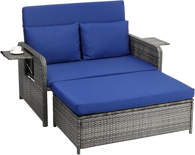 VINGLI Patio Daybed, Wicker Outdoor Daybed with Storage Ottoman & 5-Level Adjustable Backrest, All-Weather Rattan Cushioned Patio Loveseat Sofa for Garden Balcony Backyard (Navy, Gray)