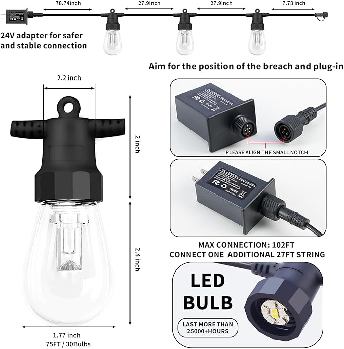 Outdoor String Lights 75FT, Outdoor Lights for Patio with 30 Dimmable RGBW LED Bulbs, IP66 Waterproof Shatterproof, with APP Control & Remote, 24V Adapter Color Change,for Backyard Decor