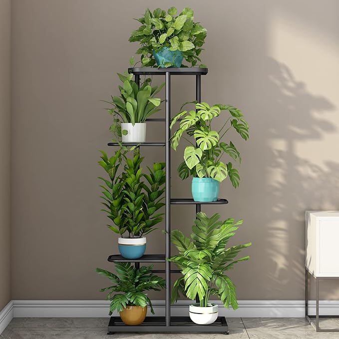 LINZINAR Plant Stand Indoor Outdoor Metal 5 Tier 6 Potted Multiple Flower Pot Holder Shelf Planter Display Shelving Unit for Patio Garden Corner Balcony Living Room (5 Tier 6 Potted, Dark Grey)