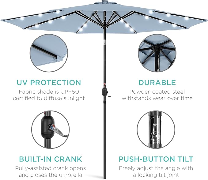 Best Choice Products 10ft Solar Polyester LED Lighted Patio Umbrella w/Tilt Adjustment and UV-Resistant Fabric