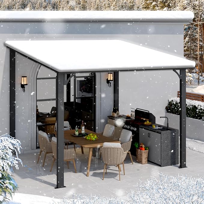 AECOJOY 10' x 10' Hardtop Gazebo Outdoor Pergola, Heavy Duty Lean to Metal Pergolas and Gazebos Clearance, Wall-Mounted Grill Gazebo Galvanized Steel Patio Roof Awnings for Patio, Decks