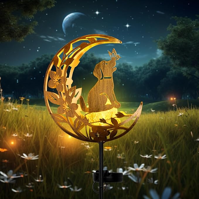 JOBOSI Solar Moon Dog Decorative Light Gifts, Solar Moon Dog Moving Decorative Ground Stake Light, Gift for Women Mom Grandma, Garden Lawn Decor Christmas & New Year Gift