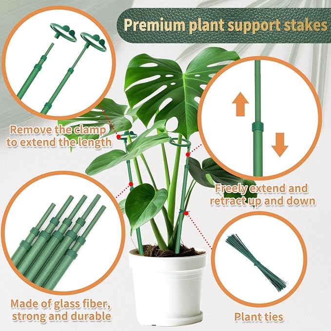 Telescoping Plant Stakes,3Pcs 17.9In to 42.3In Adjustable Monstera Plant Support Orchid Sticks with Clips, Plant Sticks Support Tall for Monstera,Orchids,Tomatoes,Vines & Indoor Outdoor Plants