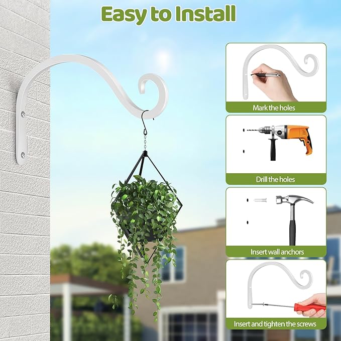 BOLITE Plant Hangers Outdoor Indoor, 12 Inch Wall Plant Hooks, Metal Bird Feeder Hanger for Hummingbird Feeders, Planters, Lanterns, Wind Chimes, Home Decor, 2 Pack, White, Gifts for Women Men