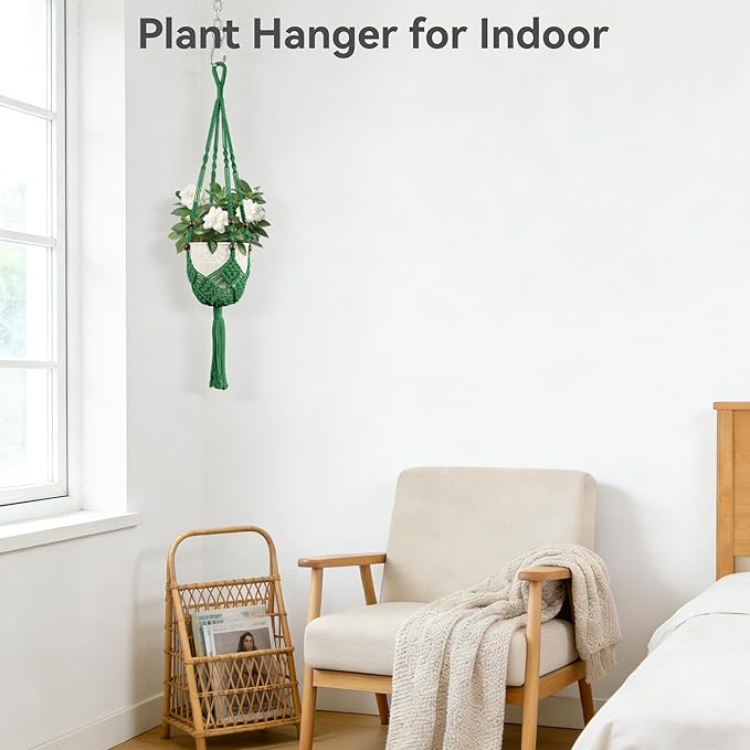 USLAI Macrame Plant Hanger Indoor Outdoor, Fits 3 to 6.5 inch Pots, Hanging Planter Holder with Beads and Tassels, Boho Home Decor, 35+35 Inch, Green (POTS NOT Included)