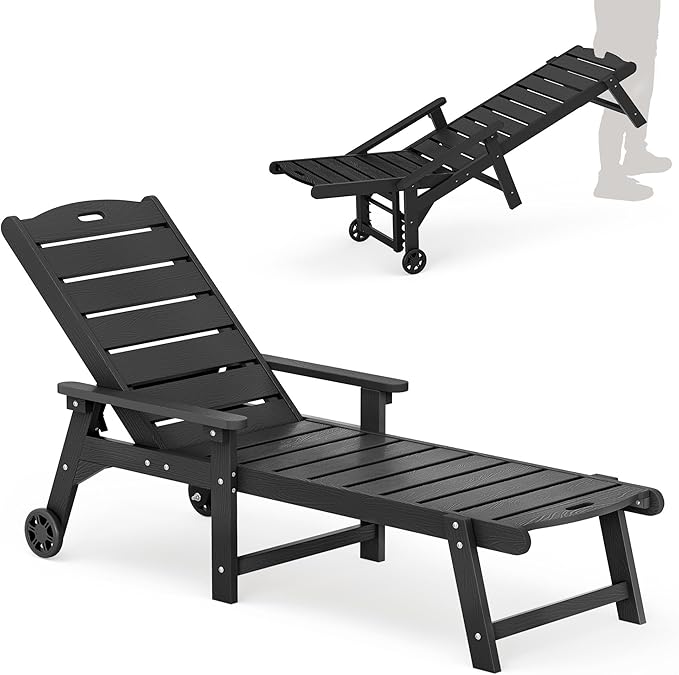 LUE BONA Outdoor Chaise Lounge, HDPS Chaise Lounger, 5 Positions Adjustable Lounge Chairs, Pool Lounge Chair with Wheels for Poolside, Backyard, Black