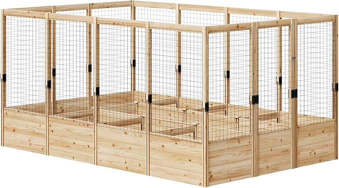 AMERLIFE Raised Garden Bed with Deer Proof Fence, 7.5Wx12Dx6H Outdoor Wooden Raised Garden Bed Planter with 19" Depth Planter Box