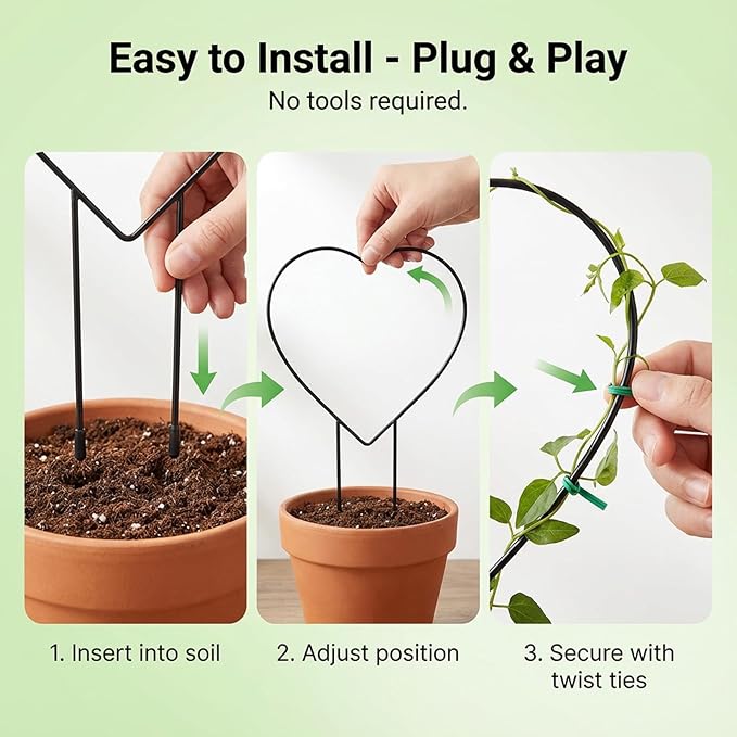 2 Pcs Heart Shaped Plant Trellis Indoor with 100 Plant Twist Tie Pothos Plants Climber Support Heart-Shaped Trellis Iron Heart Trelli Black Durable Houseplant Hearts Trelli for Potted Vines and Flower