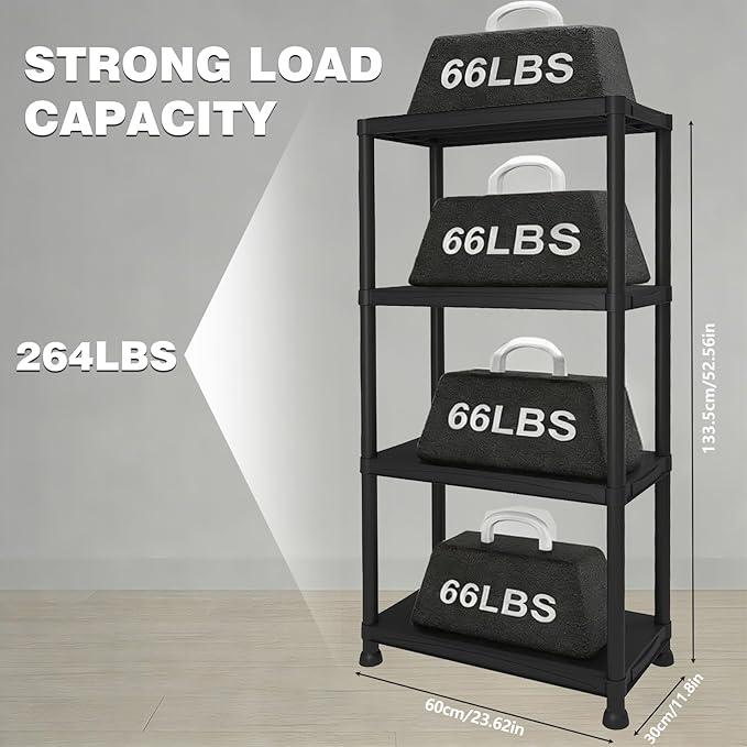 Plastic Storage Shelves, 11.8" D x 23.62" W x 52.56" H Plastic Shelves for Storage, 4-tier Shelving Unit, Storage Rack, 264 lbs, Bathroom, Laundry, Garage & Home