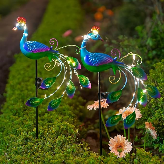 DREAMSOUL 2 Pack Metal Peacock Solar Lights Outdoor Waterproof LED Solar Lights, Decorative Garden Stakes for Yard Pathway Peacock Decor