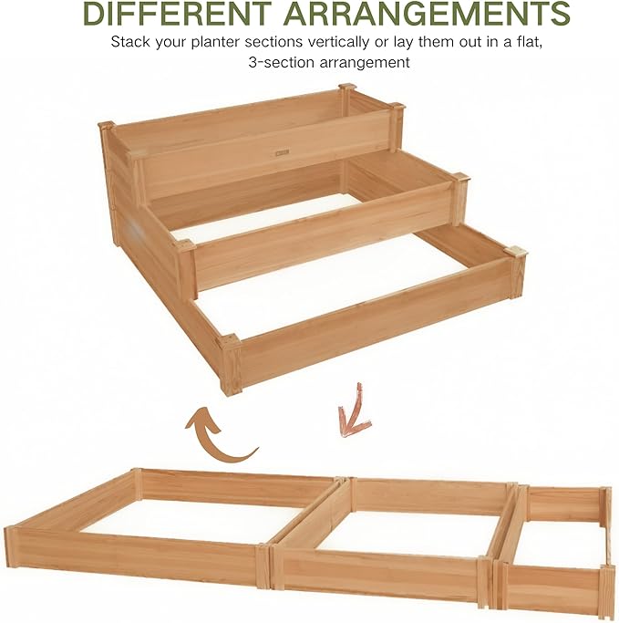 3-Tier Raised Garden Bed with Fabric Liner, Wood Elevated Planter Box with Dovetail Joint Design, 3 Dividable Bed Kit for Vegetables/Herbs/Flowers, Outdoor Gardening for Patio, Lawn, Balcony