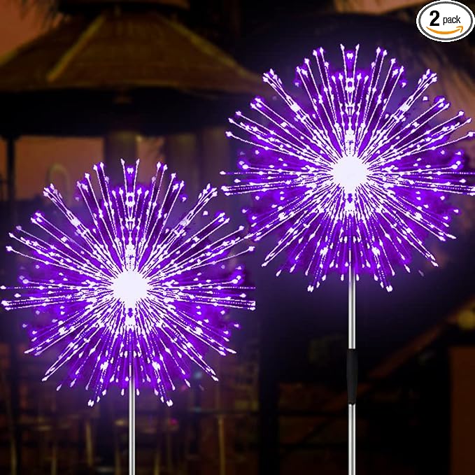 JJGoo Solar Firework Lights, 2 Pack 120 LEDs 2 Lighting Modes Solar Garden Lights Outdoor Waterproof for Yard Patio Walkway Pathway Party Wedding Christmas Decorative - Purple