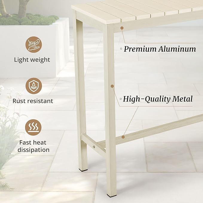 Outdoor Bar Table, 45" Patio Bar Height Counter Console Table, Waterproof HDPS Slatted Top, Weather Resistant, Hot Tub, Balcony, Yard, Indoor or Outdoor Use, Sand