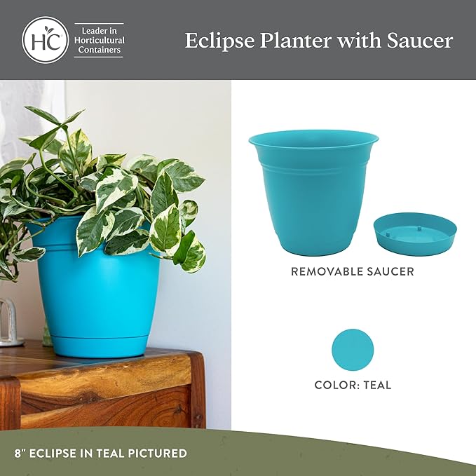 The HC Companies 8 Inch Eclipse Round Planter Pots with Drainage Holes & Attached Saucer, Lightweight UV-Resistant Plastic Indoor & Outdoor Planters, 4-Pack Flower Pots for Garden & Home Decor, Teal