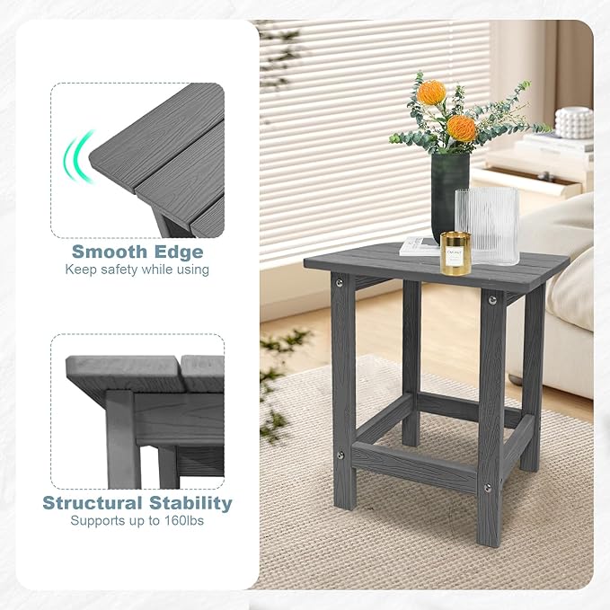 Outdoor Side Table, HDPS Single Adirondack Side Table Weather Resistant, Table for Adirondack Chair, Outside End Table for Patio, Pool, Deck, Porch, Outdoor or Indoor Use, Grey