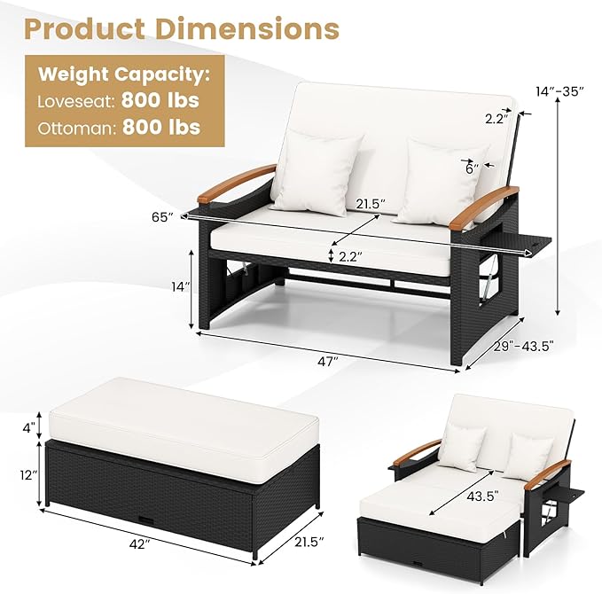Tangkula Patio Rattan Daybed with 4-Level Adjustable Backrest, Outdoor Wicker Loveseat with Acacia Wood Armrest, Storage Ottoman & Folding Tray, Double Sunbed for Yard & Poolside (White & Black)