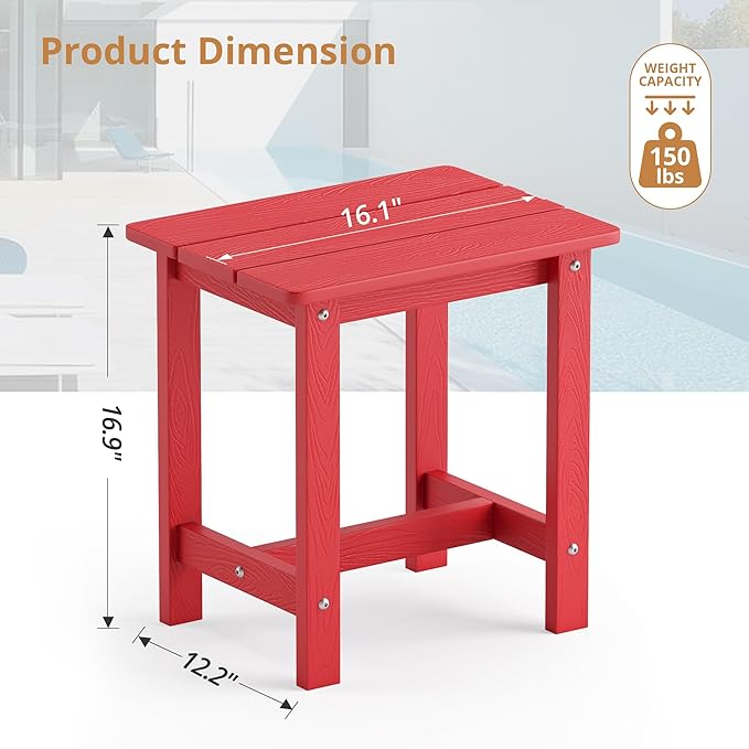 LUE BONA Outdoor Side Table, HDPS Small Outdoor Adirondack Side Tables, Outside End Table for Patio, Porch, Deck, Pool, Weather Resistant/Easy Maintenance,Bright Red