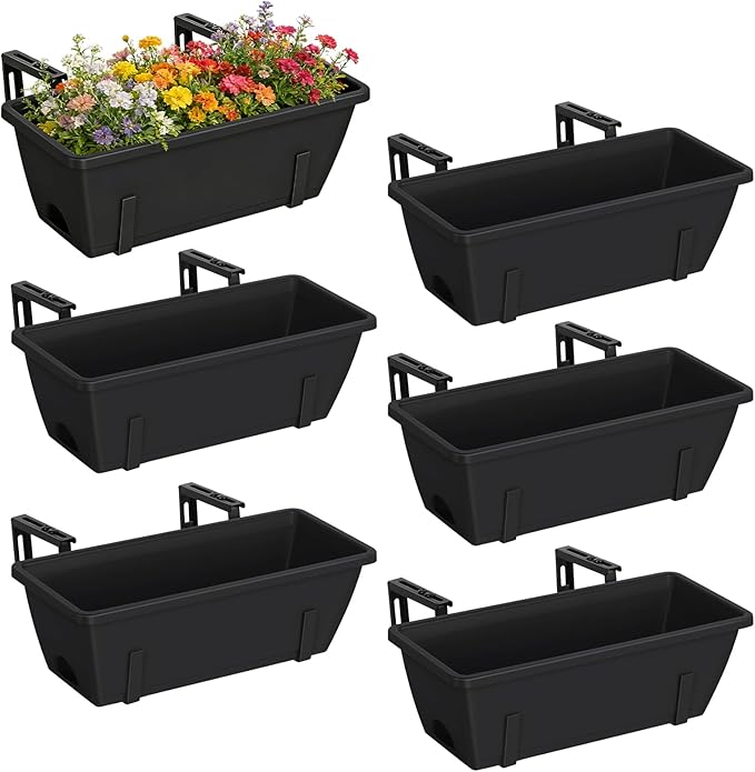 CADUKE 6 PCS Railing Planter Boxes, Black Planter Boxes with Adjustable Bracket, 17 Inch Deck Rail Planters for Outdoor Plants, Flower Pots for Balcony Garden Decor