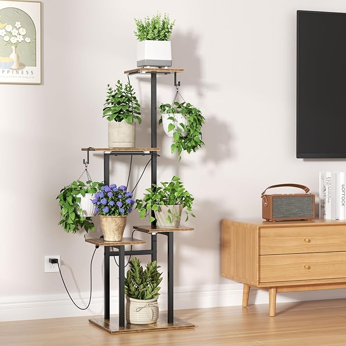 Plant Stand Indoor with Grow Lights, 46" Metal Corner Plant Shelf with 3 LED Lights, 2 Hanging Hooks, 5-Tiered Tall Plant Flower Holders for Living Room, Garden, Patio (Black Brown)
