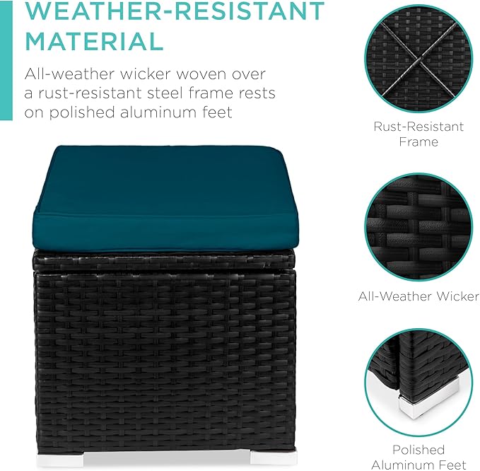 Best Choice Products Set of 2 Wicker Ottomans, Multipurpose Outdoor Furniture for Patio, Backyard, Additional Seating, Footrest, Side Table w/Storage, Removable Cushions - Peacock Blue/Black