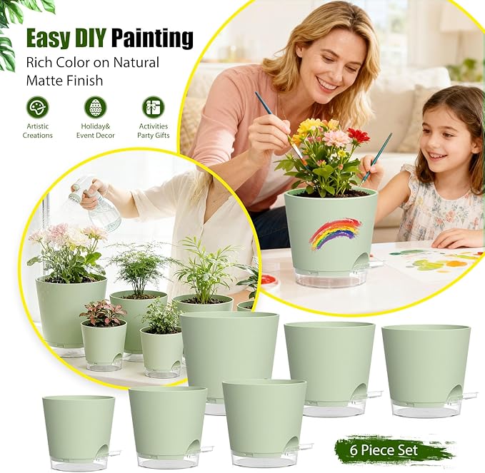Plant Pots 4/5/5.5/6/6.5/7 Inch Self Watering Pots, 6 Pack Plastic Planters with Drainage Holes and Clear Saucers,Plastic Flower Pots,Nursery Planting Pot for Indoor Out Door Plants (Green)