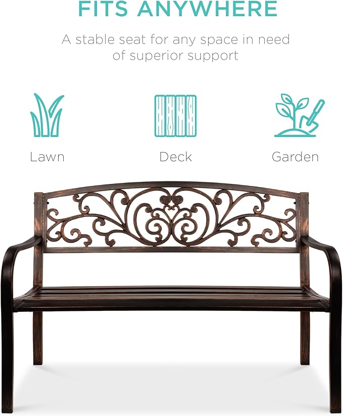 Best Choice Products Outdoor Bench Steel Garden Patio Porch Furniture for Lawn, Park, Deck w/Floral Design Backrest, Slatted Seat - Brown