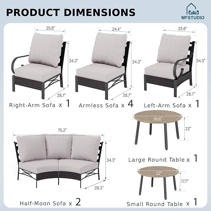 MFSTUDIO Patio Furniture Set, 10 Seats Half-Moon Curved Outdoor Sectional Sofa Conversation Set with 2 Wood-Like Round Table, Woven Rattan Patio Couch for Backyard, Garden, Deck