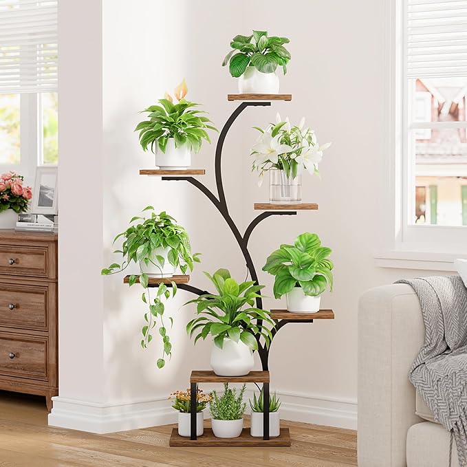 Plant Stand Indoor with Grow Lights, 7 Tiered Indoor Plant Shelf, 49" Corner Plant Stands for Indoor Plants, Metal Plant Flower Display Shelf, Tree-Shaped Plant Rack for Home, Patio, Brown