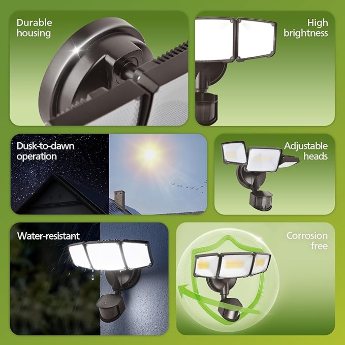 Philips 72W 7400LM LED Security Lights w/PIR Motion Sensor Outdoor, 5000K Daylight Dusk to Dawn Aluminum Flood Light, 3 Adjustable Heads, Waterproof for Garage, Yard, Porch