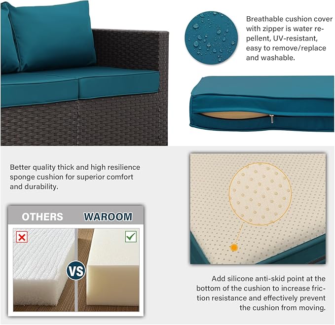 WAROOM Patio Couch PE Rattan 3-Seat Outdoor Sofa Brown Wicker Furniture Set Deep Seating with Anti-Slip Peacock Blue Cushion