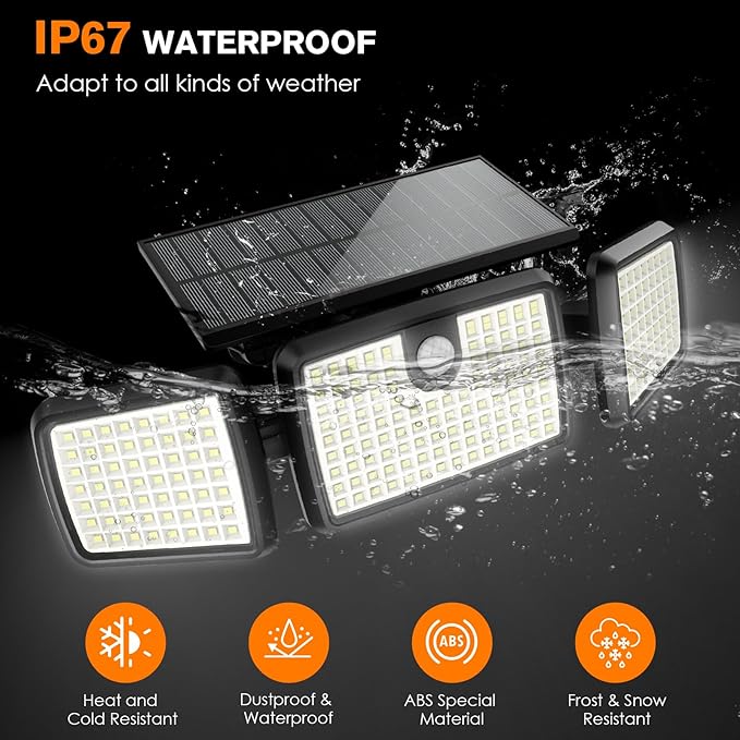 Solar Lights Outdoor, 3 Head Solar Motion Lights Outdoor with 2500LM High Brightness, Built-in Bigger Tempered Glass Solar Panel, Sensitive PIR Motion Inductor(3-Pack)