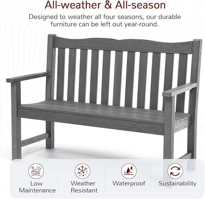 Stoog Outdoor Bench, 2-Person Garden Benches for Outdoors, Waterproof HIPS Patio Bench with 800 lbs Weight Capacity, Never Rot or Fade, Grey