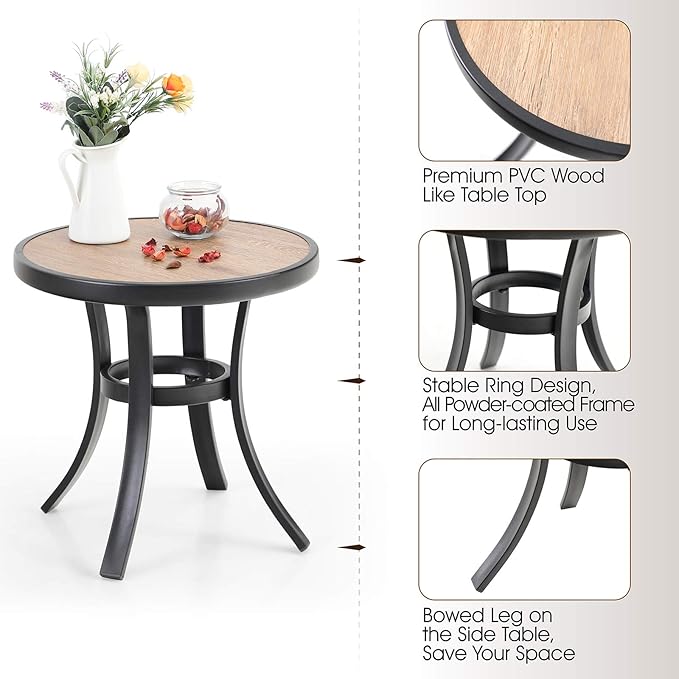PHI VILLA Outdoor Round Side Table, 19" Small Metal End Table with Wood-Lile PVC Top for 2, All Weather Coffee Bistro Table for Patio, Deck, Porch, Balcony, Indoor