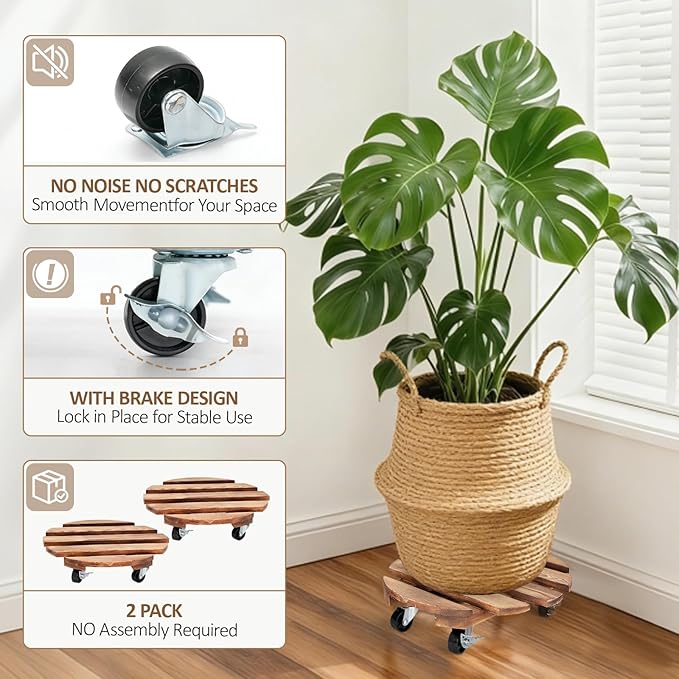 2 Pack Plant Stand with Wheels, Plant Caddies with 360° Lockable Smooth Sliding Wheels Durable Sturdy, Outdoor/Indoor Heavy Duty Rolling Plant Stand for Plant Pot,Flower Pot (12" Dark brown)