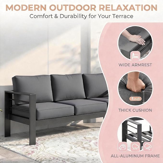 Kiss the Water Outdoor Couch Aluminum Patio Furniture Sofa, 3 Seat All-Weather Metal Patio Couch with 5" Thick and Soft Cushion and Wide Arm, Outdoor Sofa for Balcony, Porch