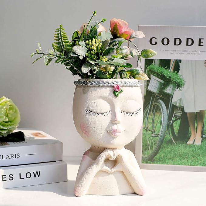 Face Planter Pot with Heart Hands, Resin Head Planter for Indoor Plants, Cute Succulent Pots with Drainage Hole, Gardening Gifts for Women Mom Teacher, 7.3" Home Decor (White)