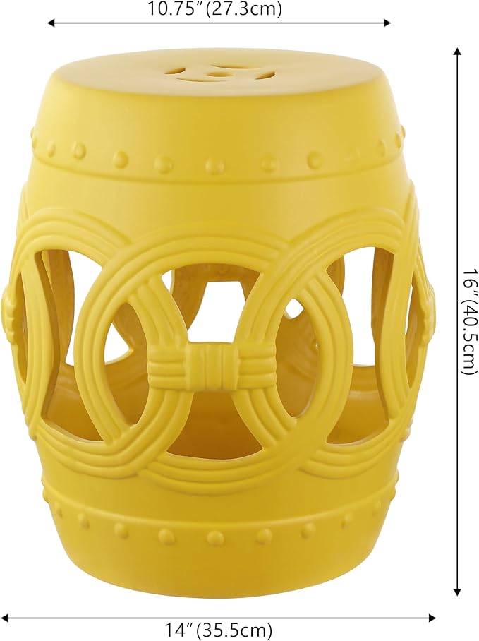 JONATHAN Y TBL1022E Lucky Coins 16" Chinese Ceramic Drum Indoor/Outdoor Garden Stool Bohemian, Coastal, Cottage, French Country, Traditional, for Living Room, Garden Room, Patio, Matte Yellow